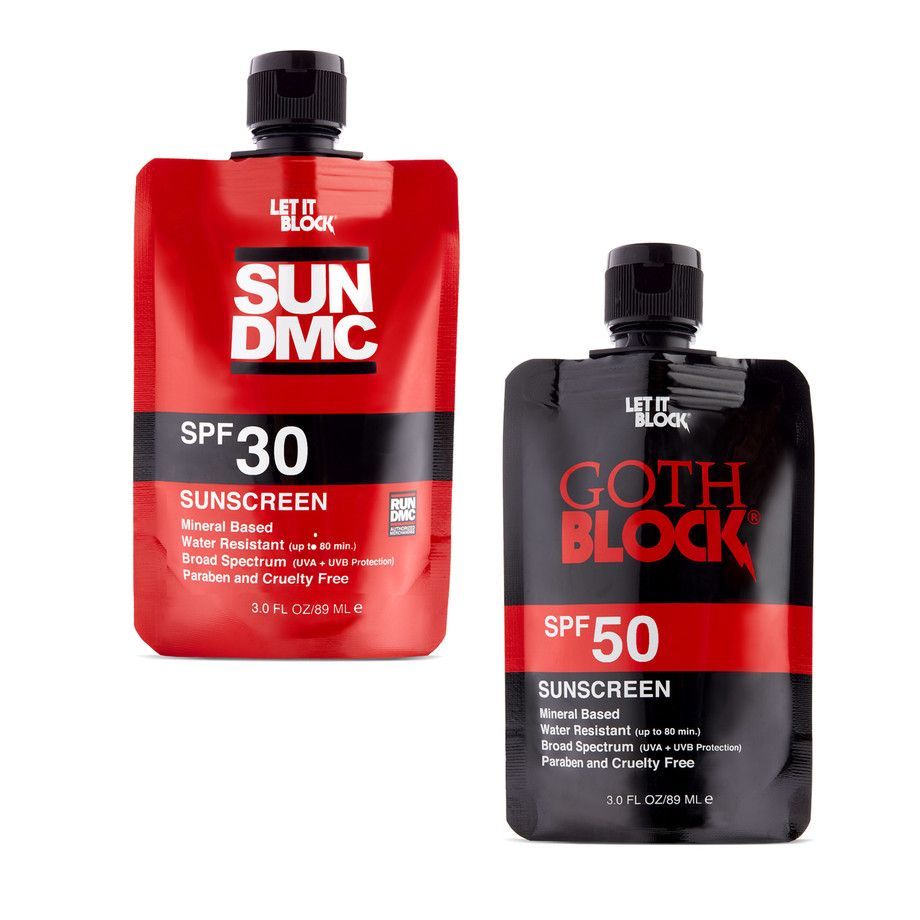 Let It Block Goth Block mineral SPF 30 pouch (2015)” and Let It Block SUN DMC SPF 50+ pouch (2019)