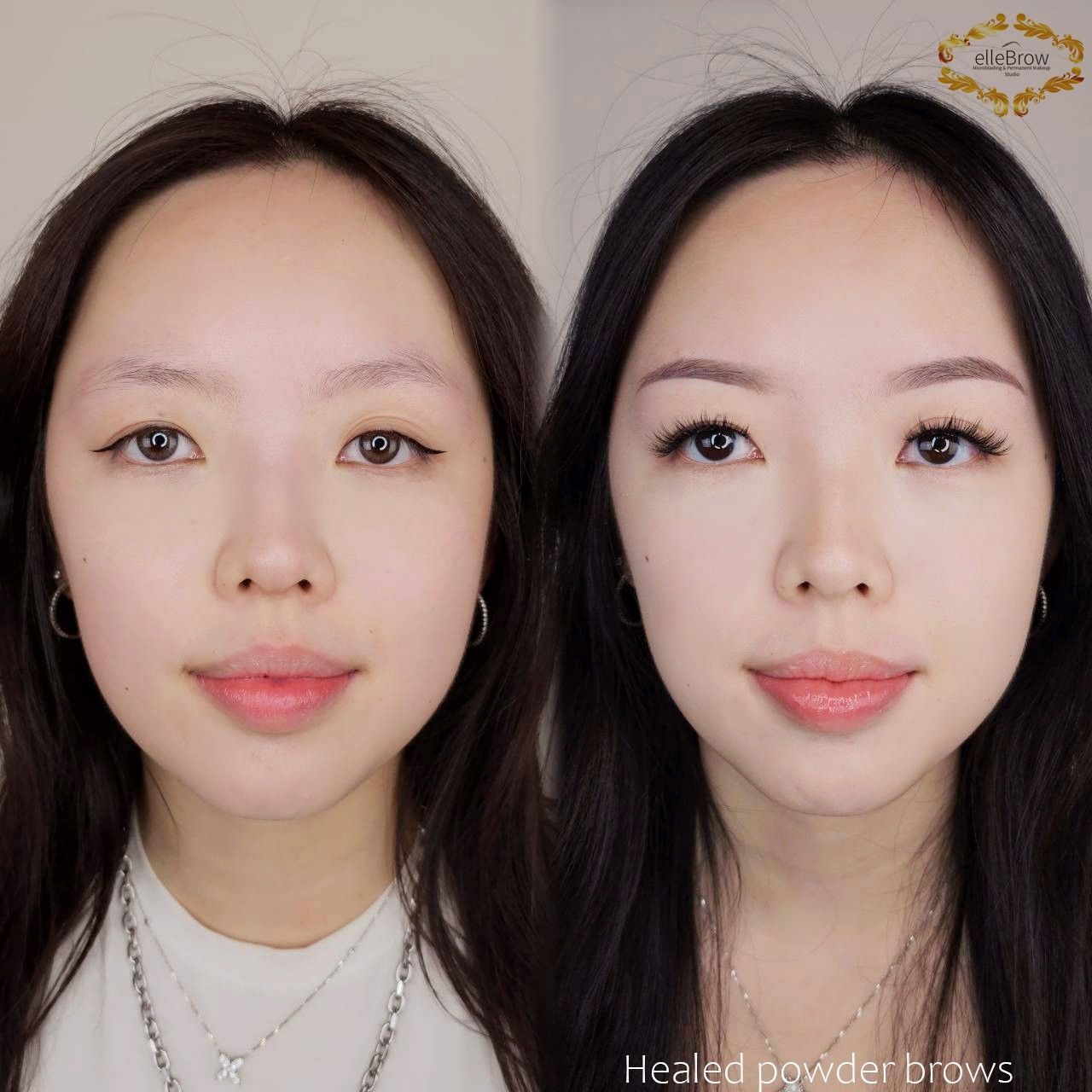 a before and after photo of an Asian woman with healed powder brows