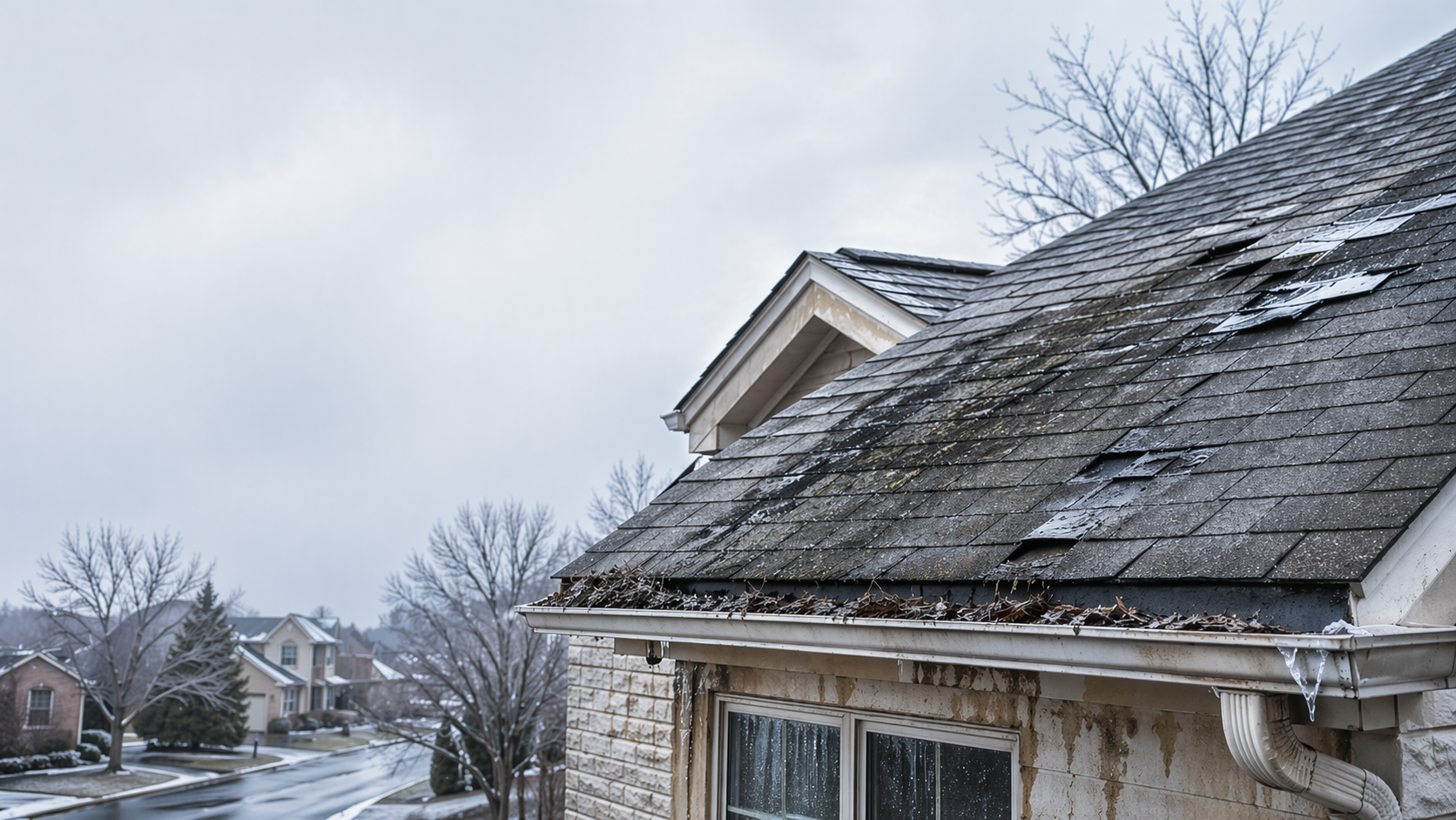 Snow-covered house roof under a cloudy winter sky, with icy shingles and trees in the background