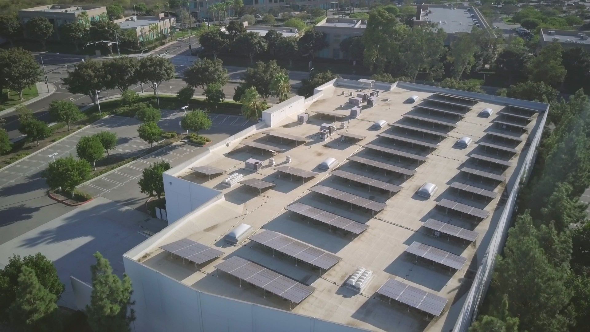 An aerial view of a flat commercial roof covered in rows of solar panels surrounded by trees and a parking lot.