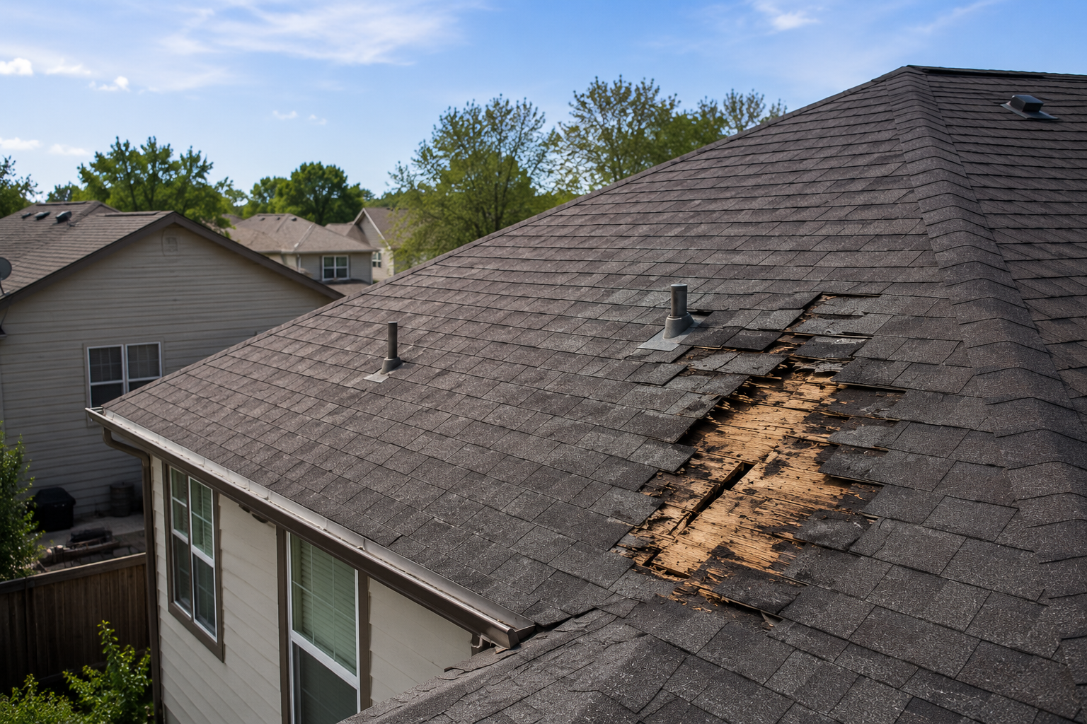 Damaged roof with a large exposed hole and missing shingles on a house rooftop