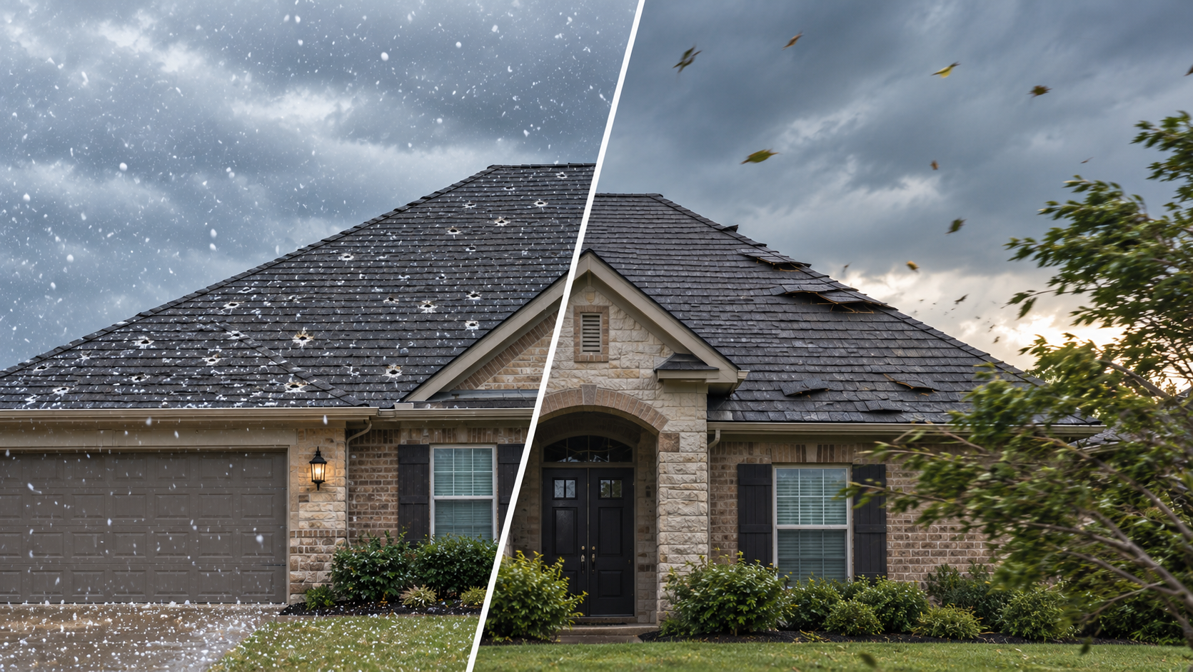 Split-view of a suburban brick house roof, showing hail damage on one side and intact shingles on the other.