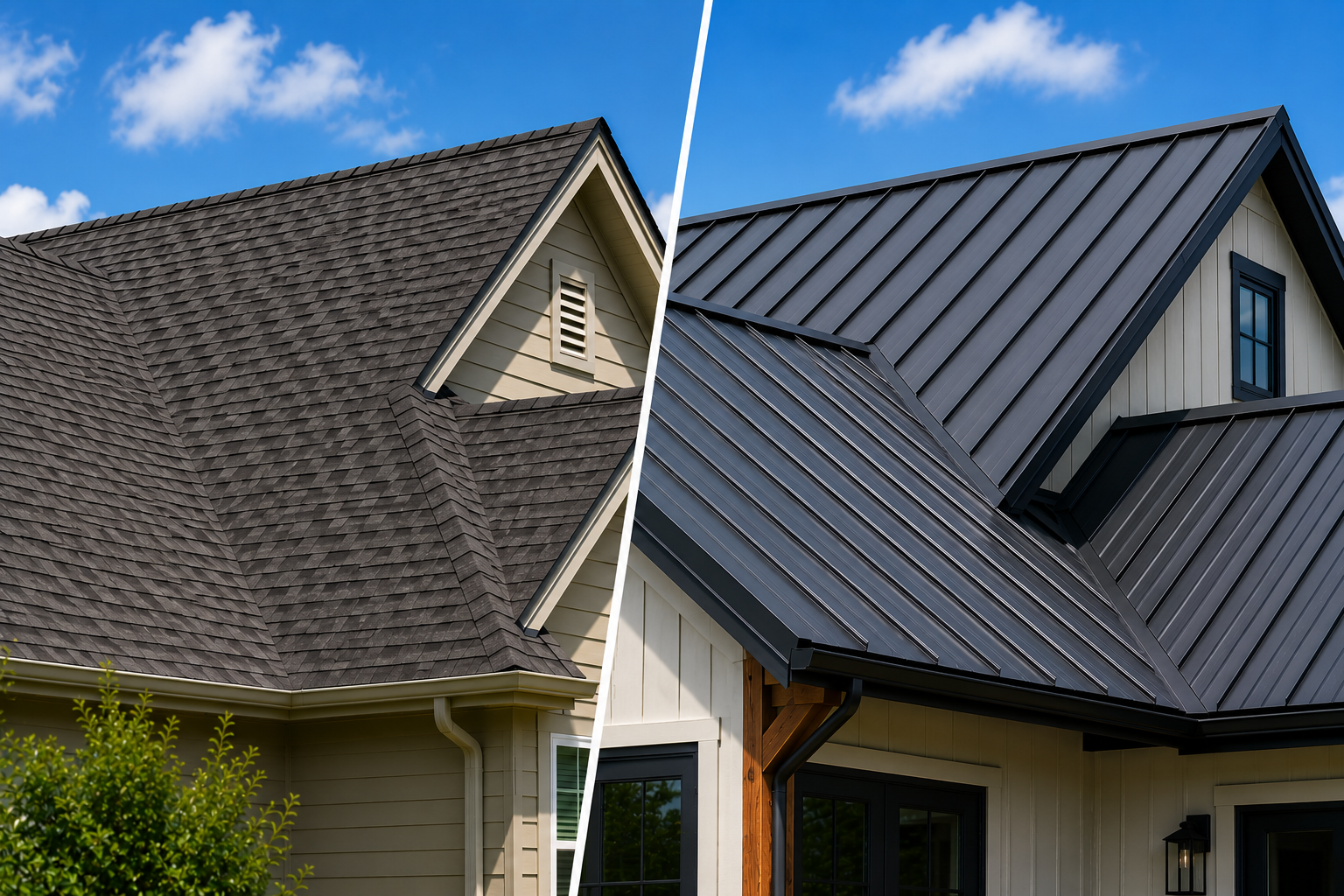 Side-by-side roof comparison: old brown shingles on left, new dark metal roof on right.