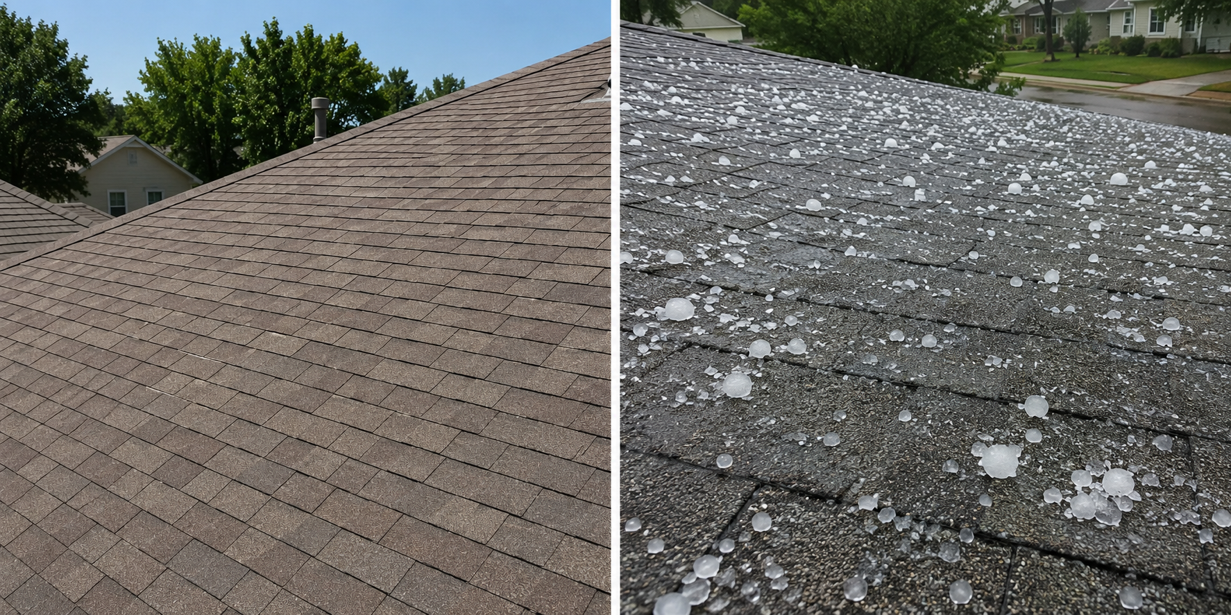 Split view of a roof: intact shingles on the left, damaged shingles with patches of hail on the right.