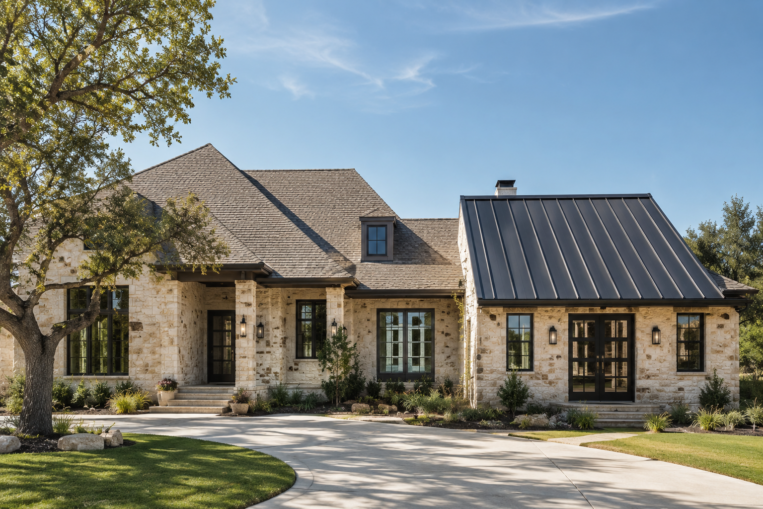 Modern stone house with a dark metal roof, arched entry, and landscaped front yard