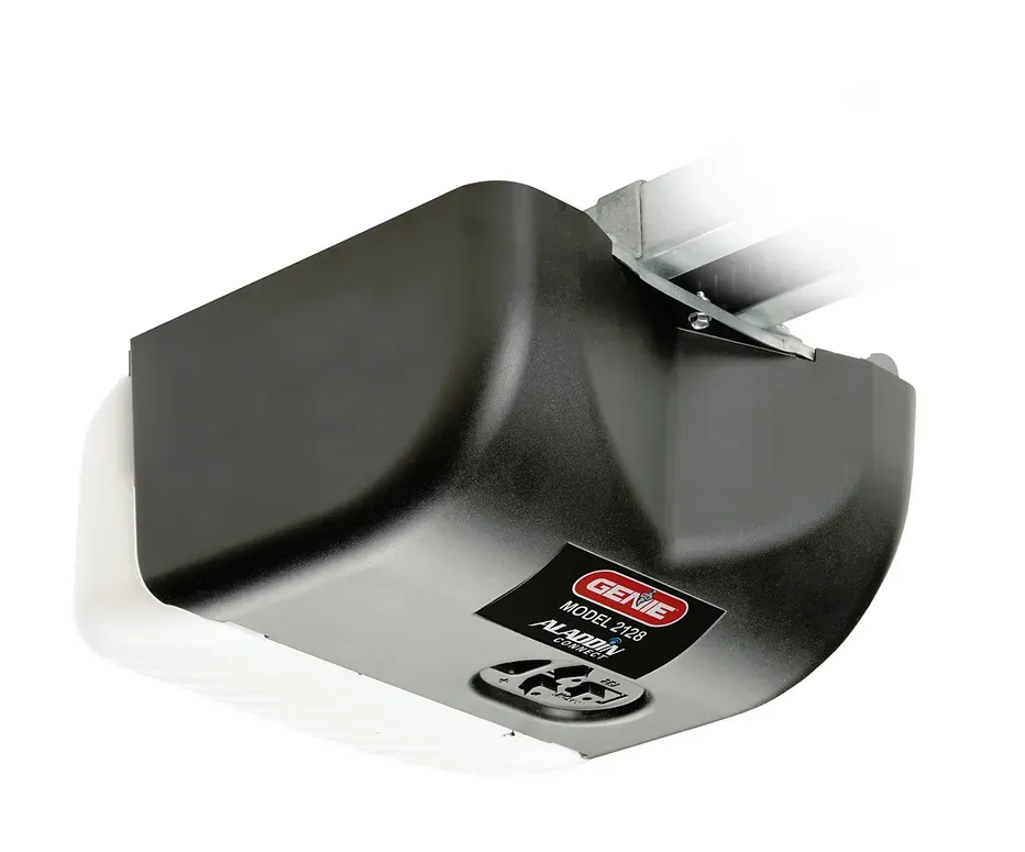 Black and white Genie garage door opener mounted on track.