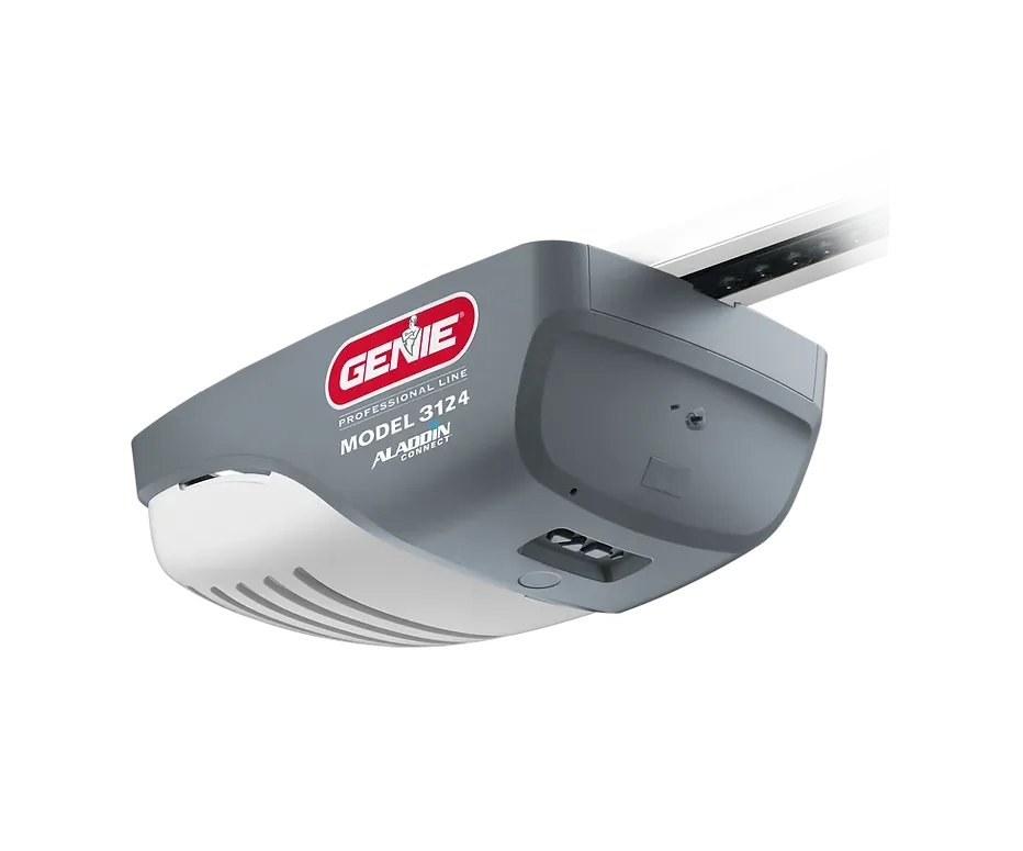Gray Genie garage door opener with red logo and model number on the side.