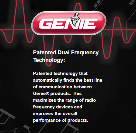 Genie logo with description of patented dual-frequency technology for improved communication range