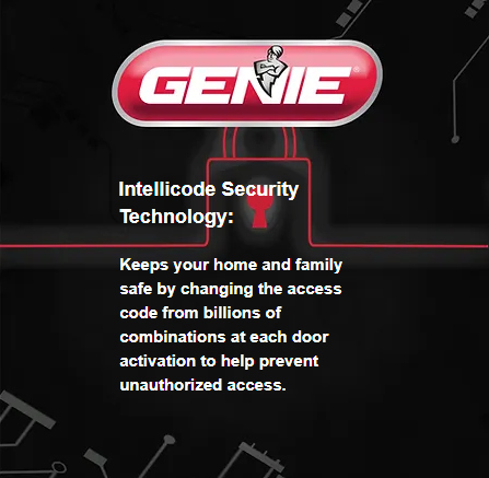 Genie logo with text describing Intellicode security technology, changing access codes to prevent unauthorized access.