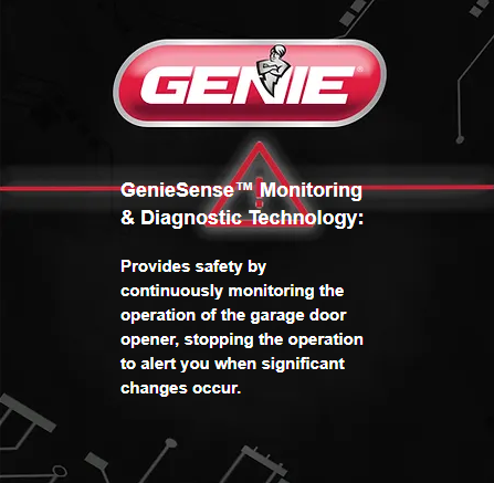 GenieSense Monitoring & Diagnostic Technology. Red logo. Text: Provides safety by monitoring the garage door opener.
