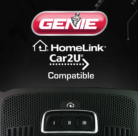 Genie garage door opener logo with HomeLink/Car2U compatibility displayed above a car's overhead console with three buttons.