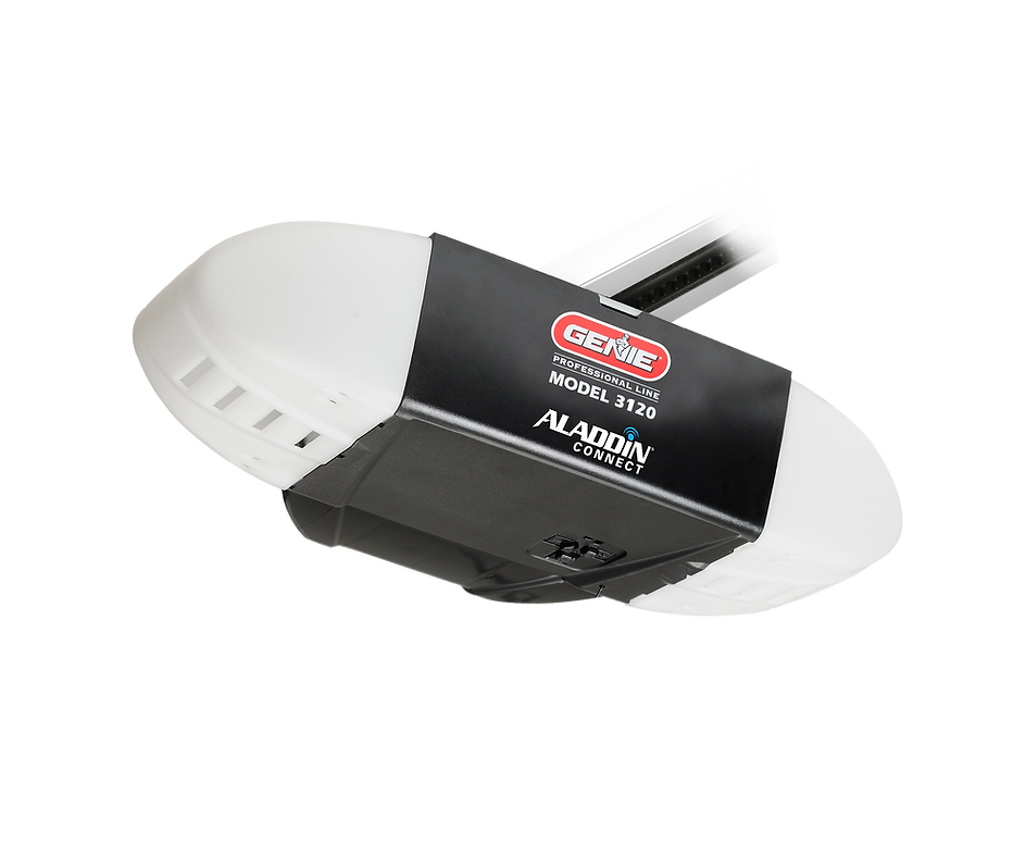 A Genie Aladdin Connect garage door opener model 9120. White and black, angled from above.