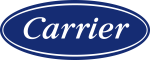 Carrier logo in white italic lettering inside a blue oval with a white outline