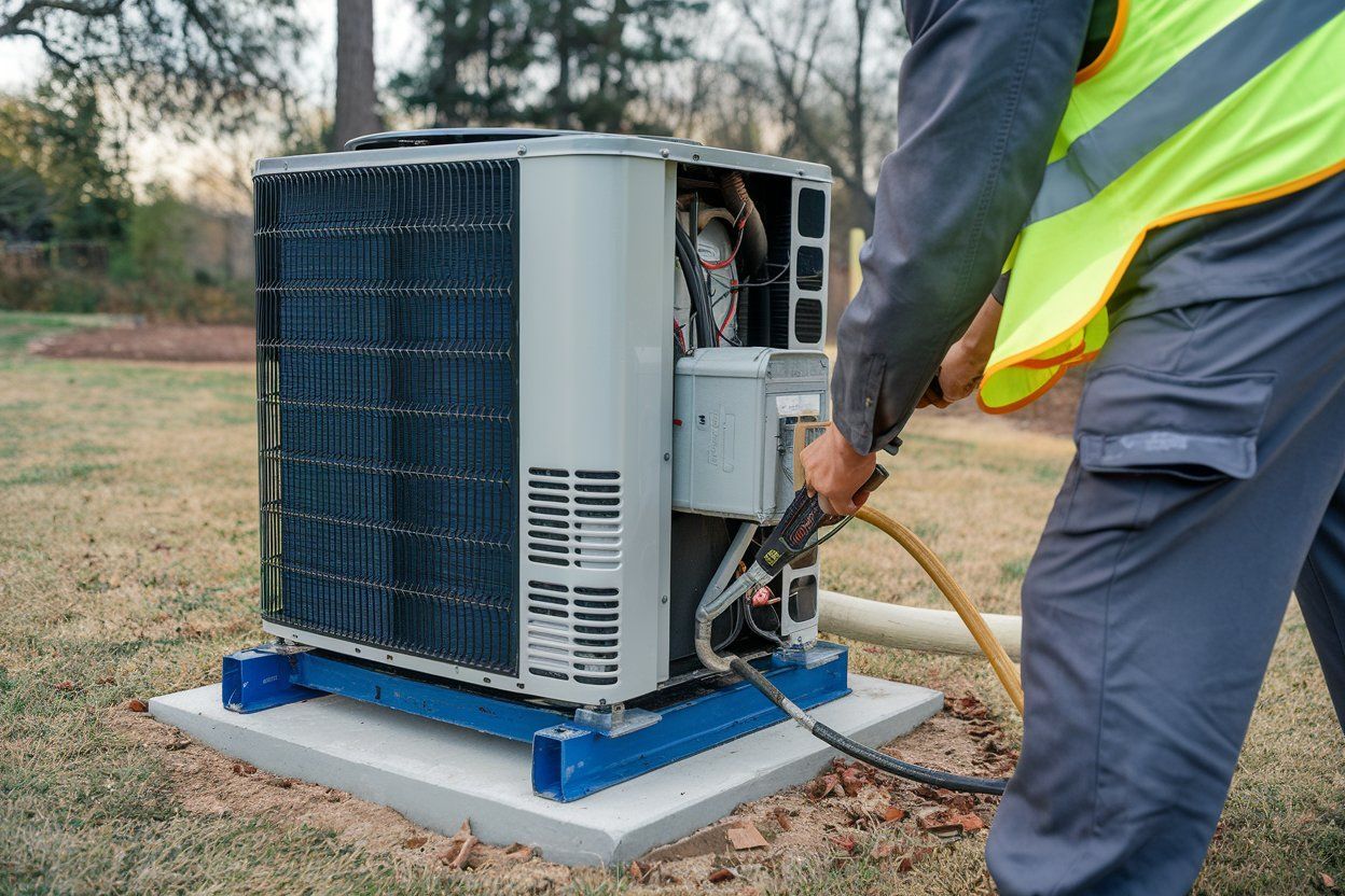 Technician servicing an outdoor air conditioning unit with hose attached