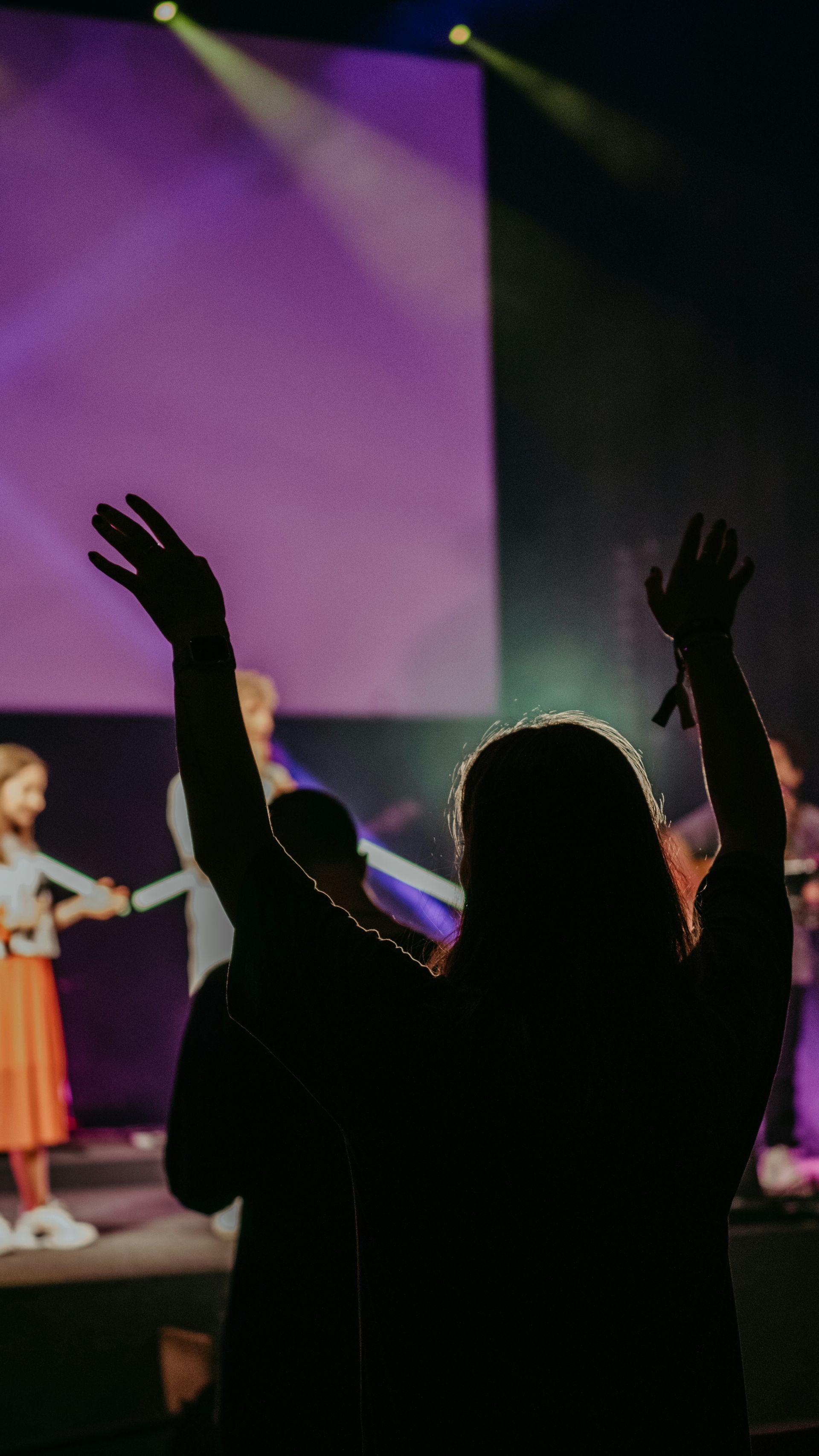 Silhouetted audience with raised hands at a purple-lit concert stage