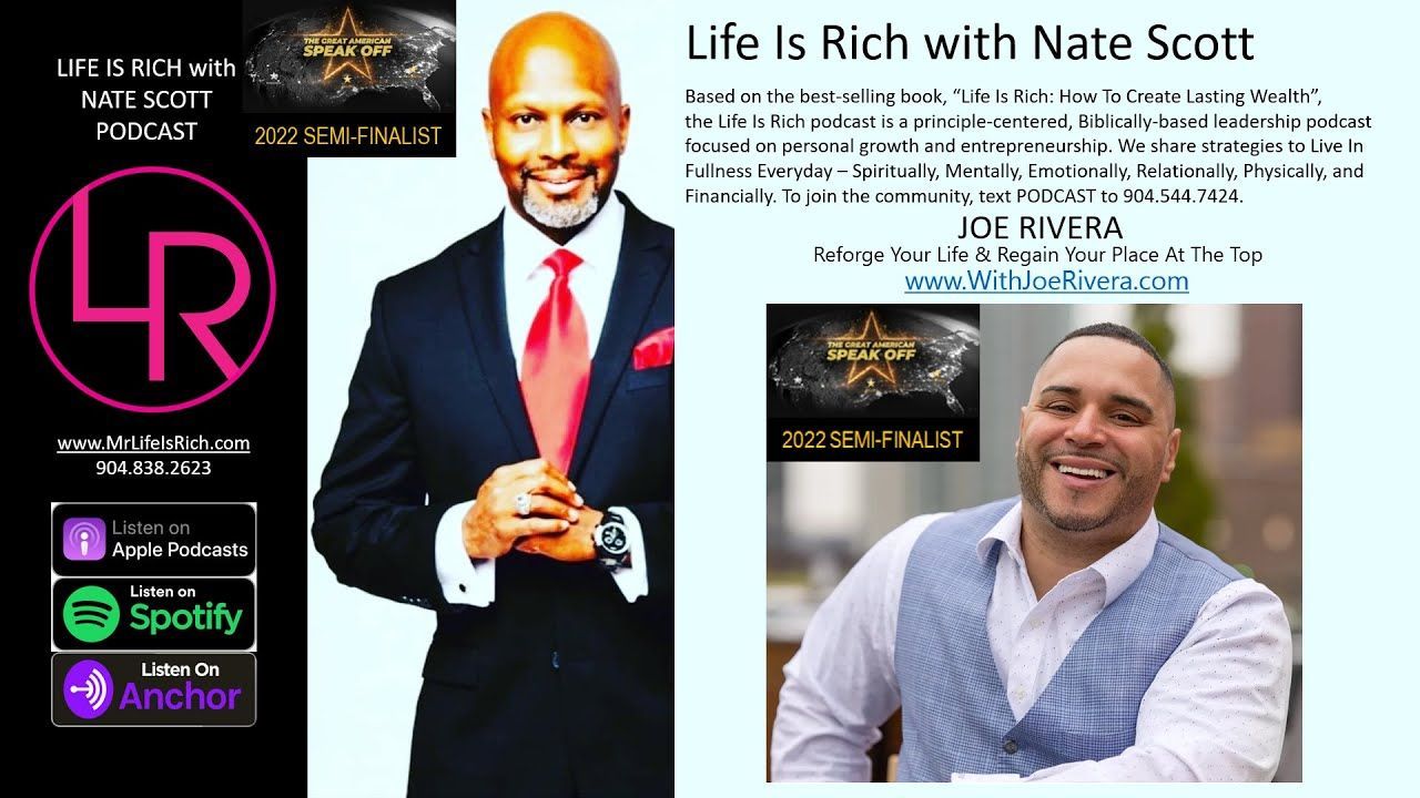 Podcast ad: Nate Scott and Ice Rivera. Men in suits, podcast logo and social media icons.