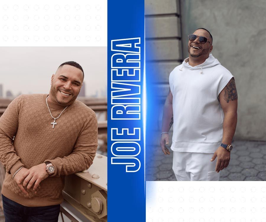 Joe Rivera, split image: wearing brown sweater, smiling, and wearing white sleeveless top, smiling. Blue background.