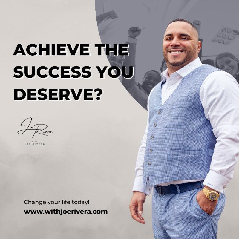 Man in vest smiles, text: Achieve the success you deserve? Website address below. Background: people celebrating.
