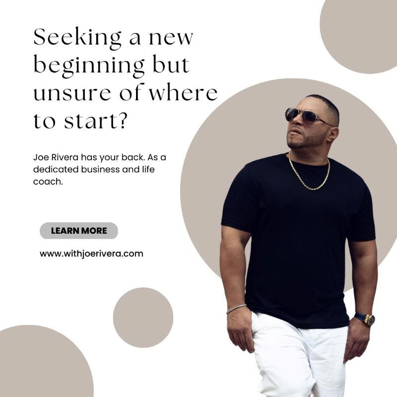 Man in sunglasses, black shirt, and white pants, as life coach. 