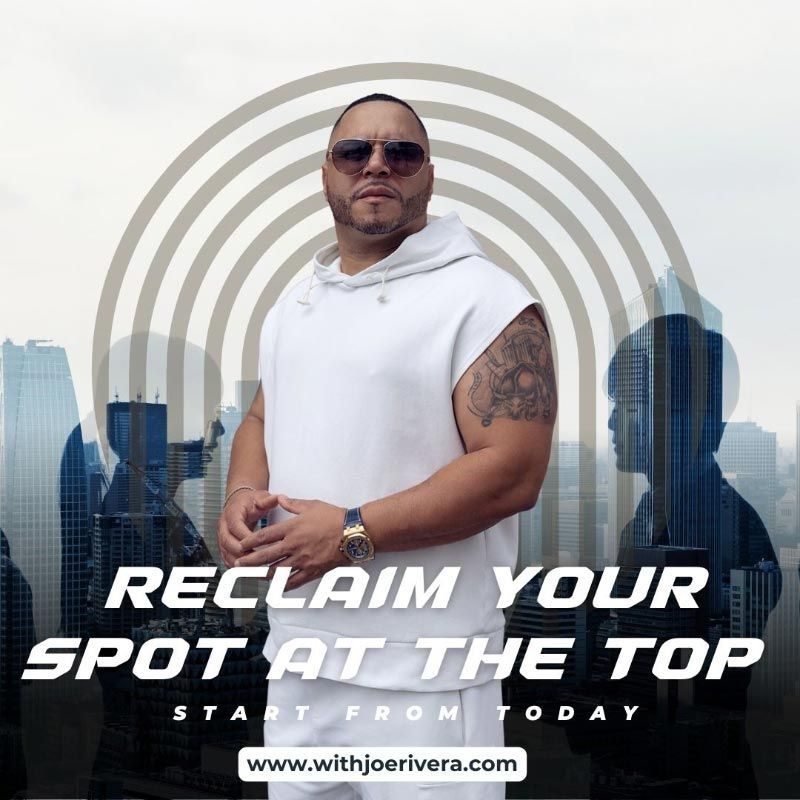 Man in white sleeveless hoodie stands with city silhouettes. Text: 