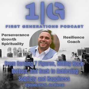 Podcast cover with a man's portrait, text about sobriety, and city silhouettes.