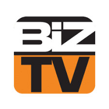 Logo for Biz TV, featuring white 