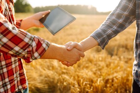 Two people shaking hands in a golden field, with a tablet held beside them