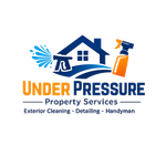 Under Pressure Property Services logo with blue house and orange cleaning tools, exterior cleaning, detailing, handyman