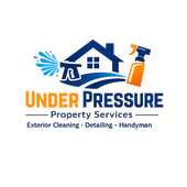 Under Pressure Property Services logo with blue house and orange cleaning tools, exterior cleaning, detailing, handyman