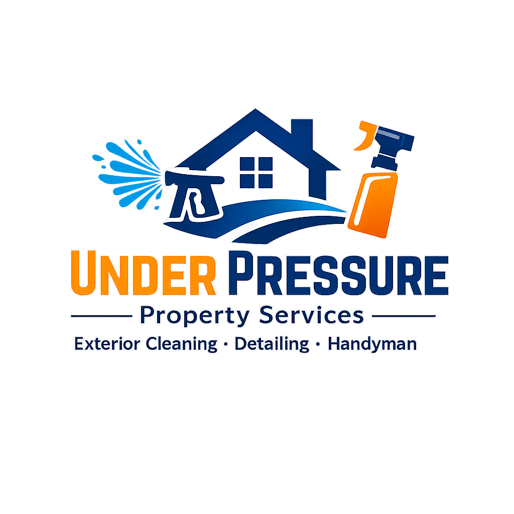 Under Pressure Property Services logo with blue house and orange cleaning tools, exterior cleaning, detailing, handyman
