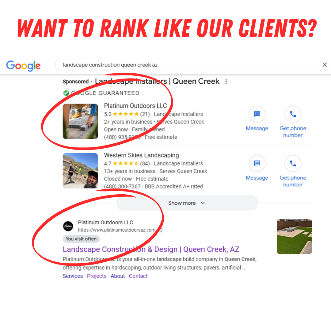 A google search for landscape construction and design in queen creek az