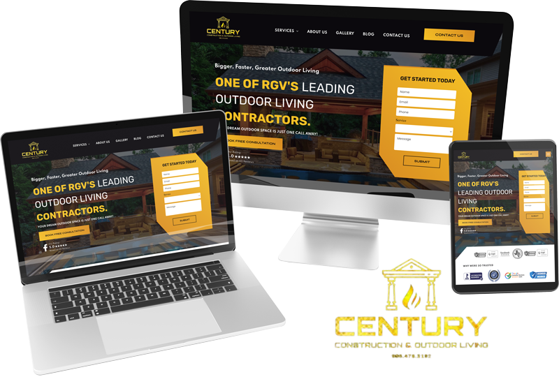 A computer , laptop , and tablet are displaying a website for century construction and outdoor living.
