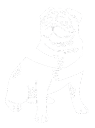 Un disegno in bianco e nero di un carlino seduto su uno sfondo bianco.