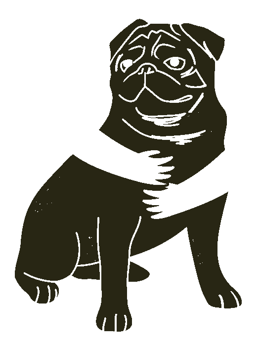 Un disegno in bianco e nero di un carlino seduto