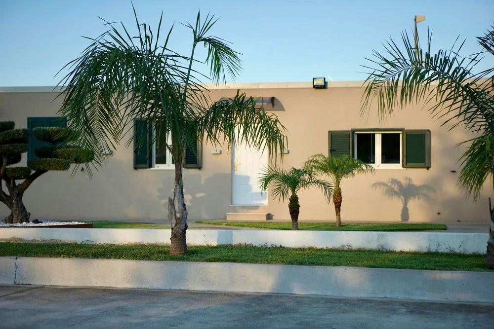 Una casa con delle palme davanti