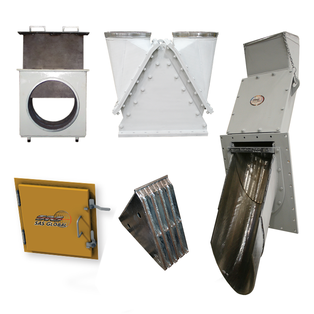Riffle housing - riffle element - mill feed chute - dust tight access doors