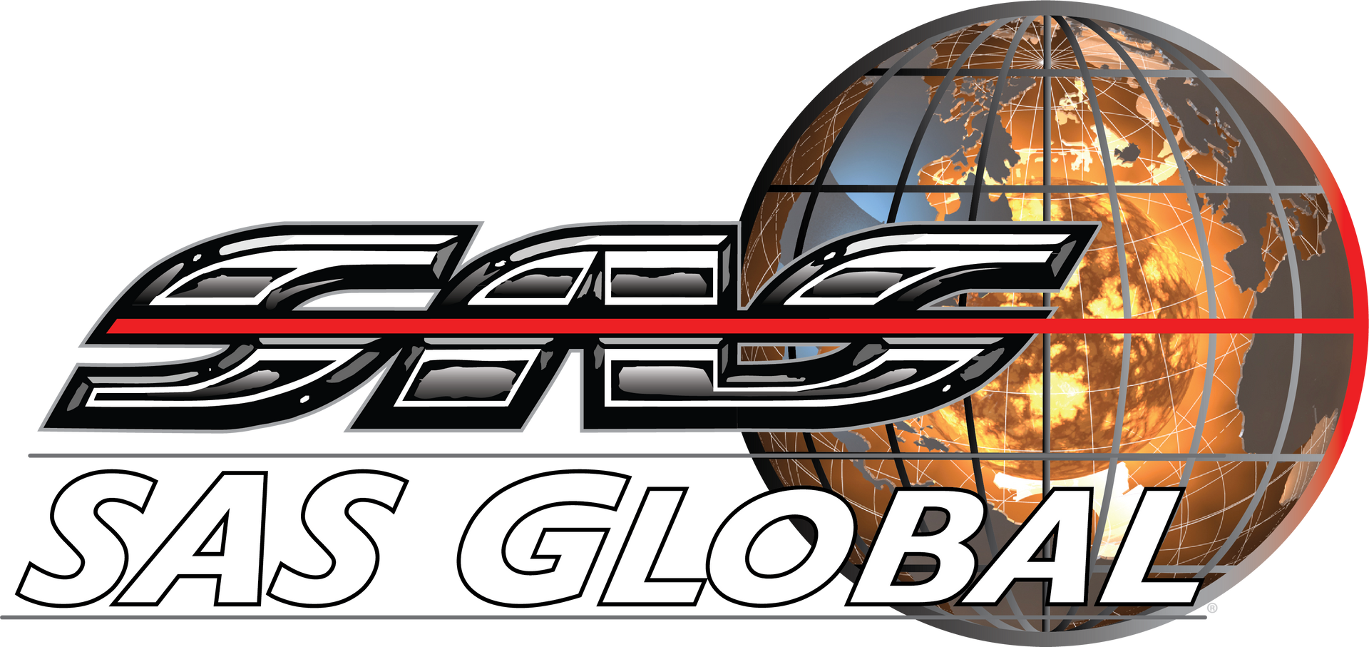 A logo for sas global with a globe in the middle