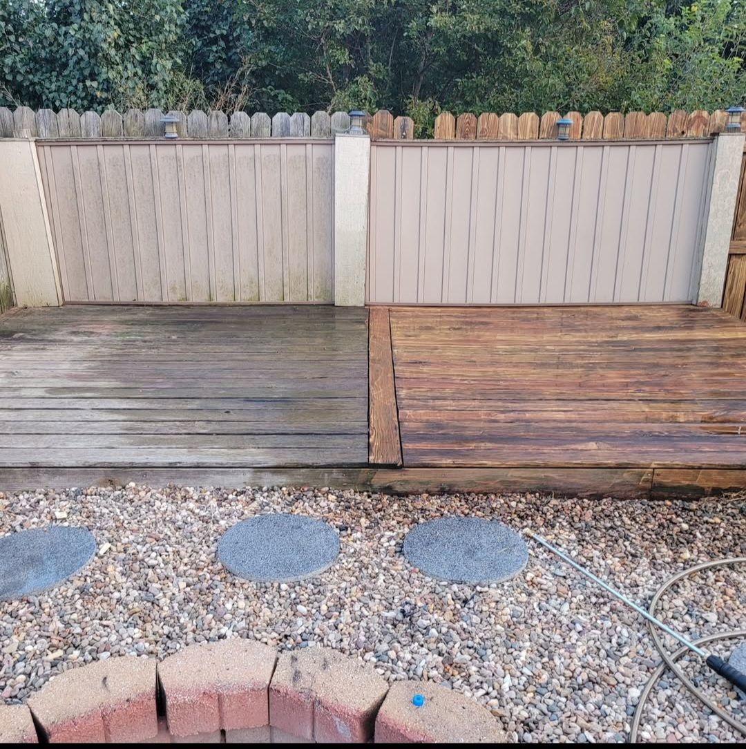 A before and after picture of a wooden deck in a backyard.