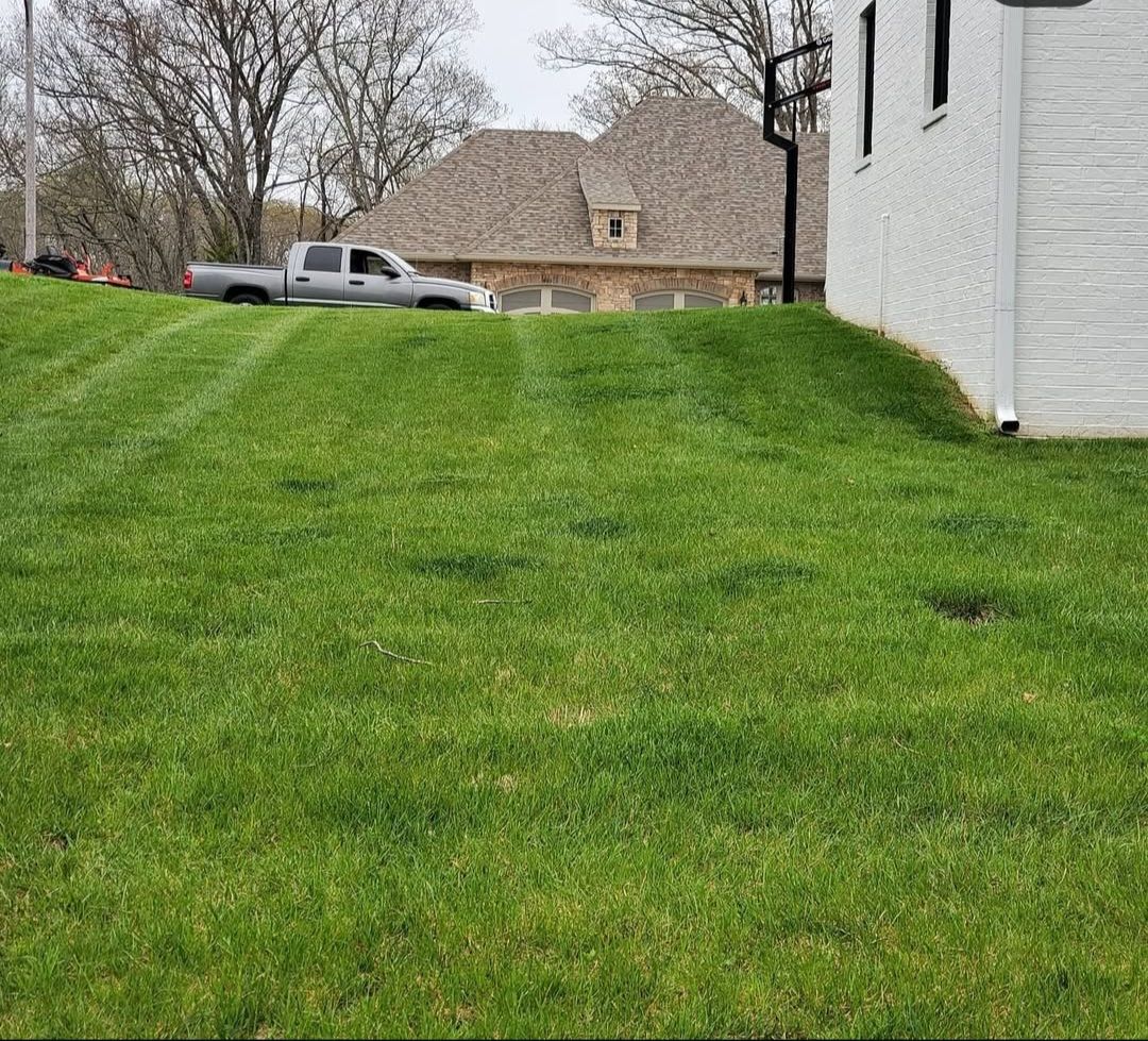 A truck is parked on a grassy hill in front of a house.