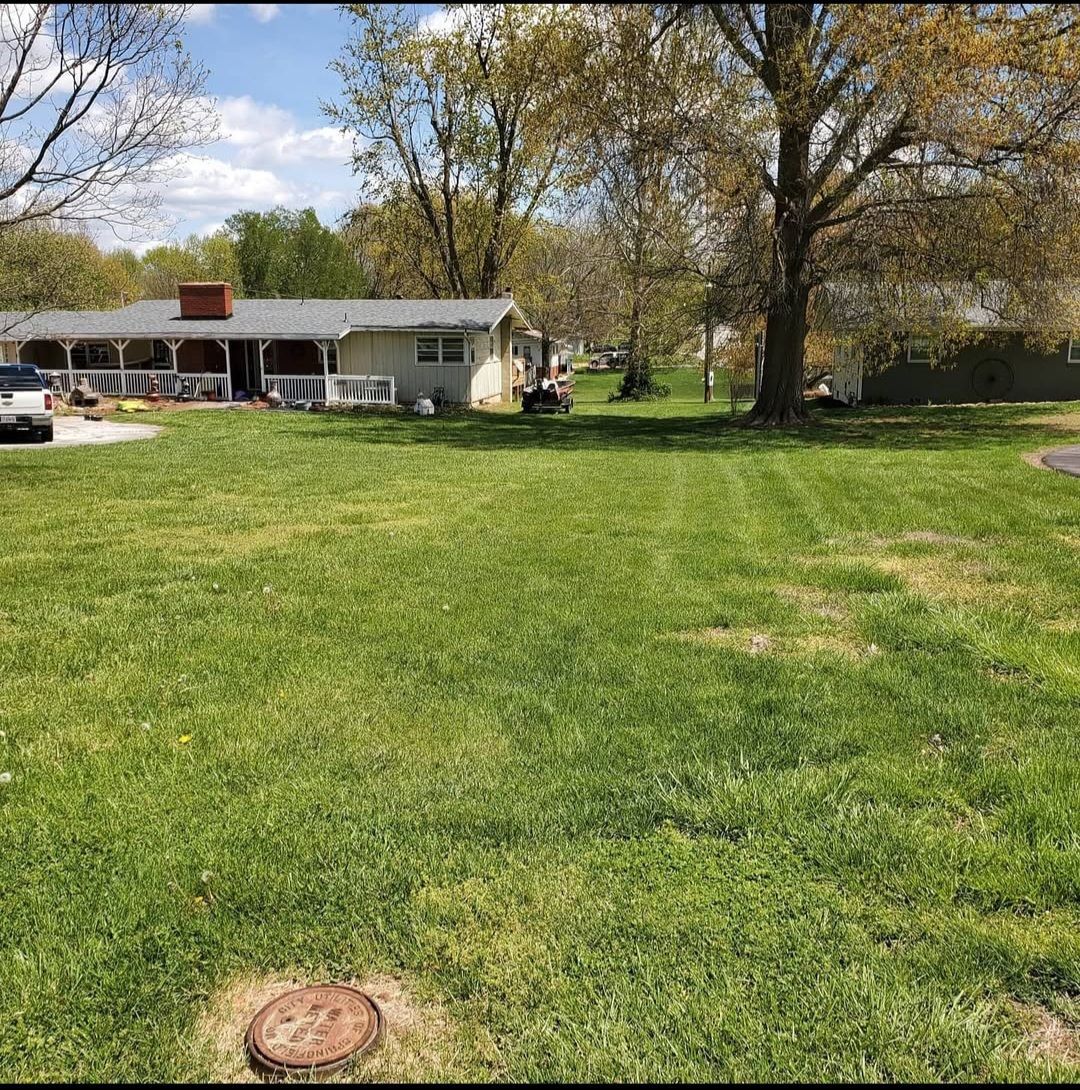 A large lush green field with a house in the background.