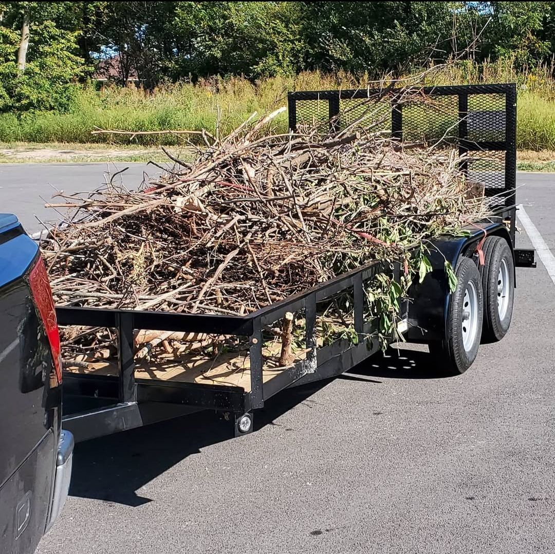 A trailer filled with branches is parked next to a car.