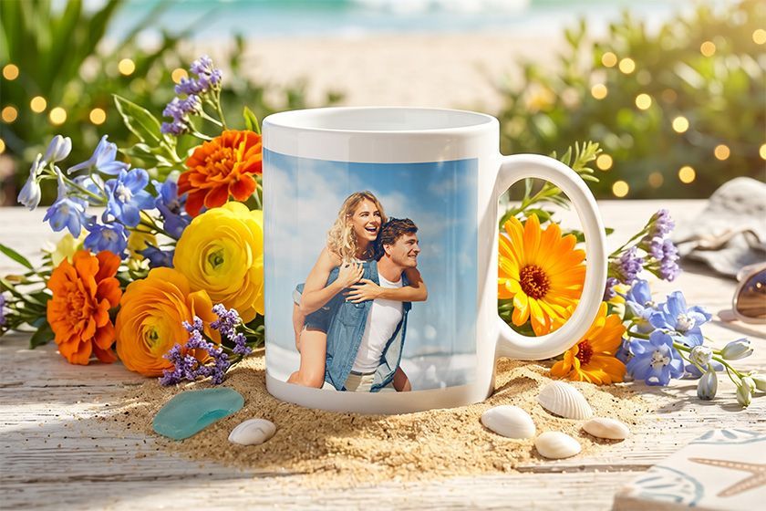 A white coffee mug with a picture of a man and a woman on it