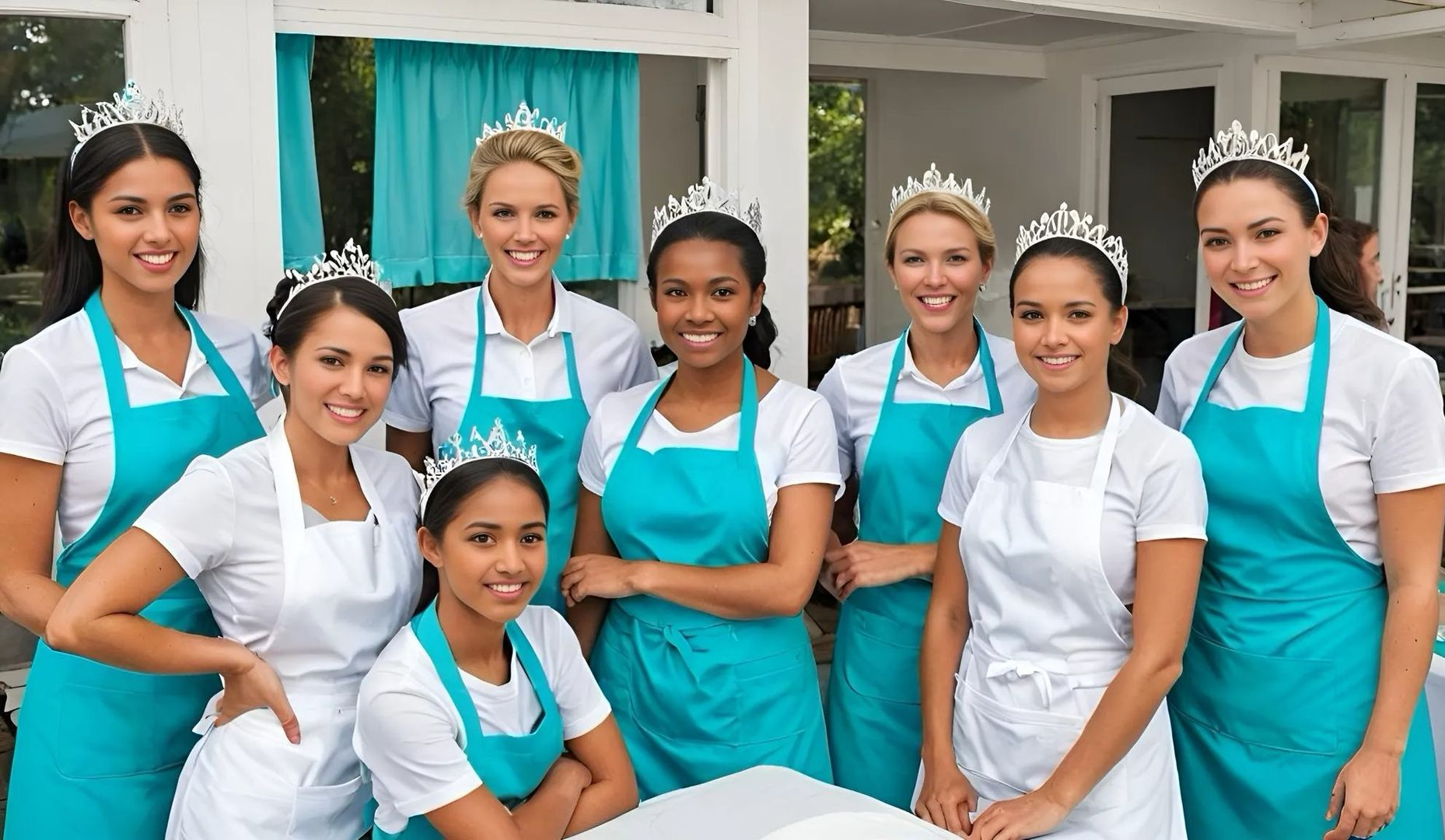 Group of women in white shirts, turquoise aprons, and tiaras, smiling outdoors.