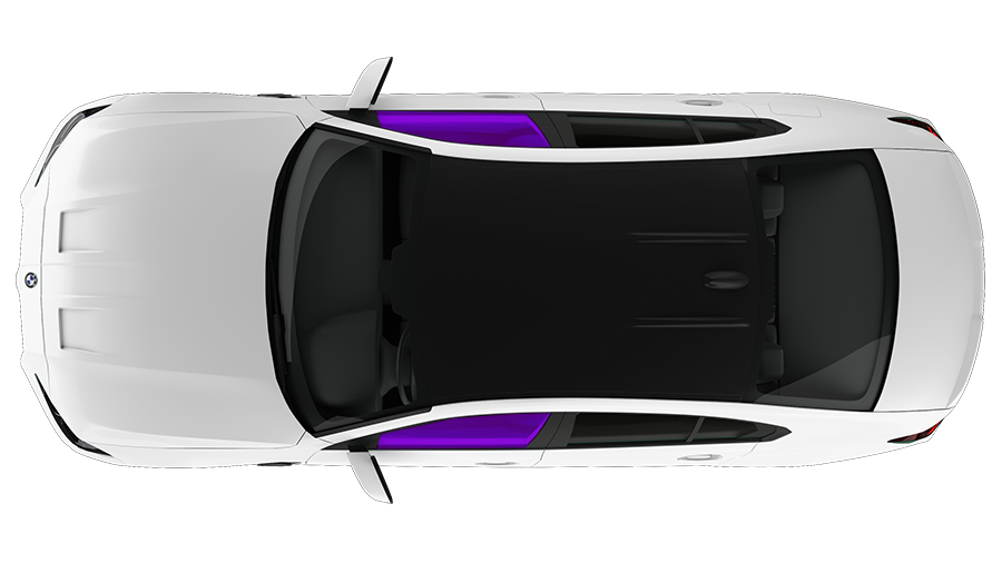 Top-down view of a white car with a black roof and purple accents on a plain background