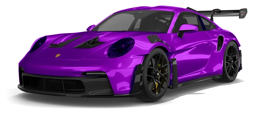 Purple sports car with black wheels and a large rear wing on a white background