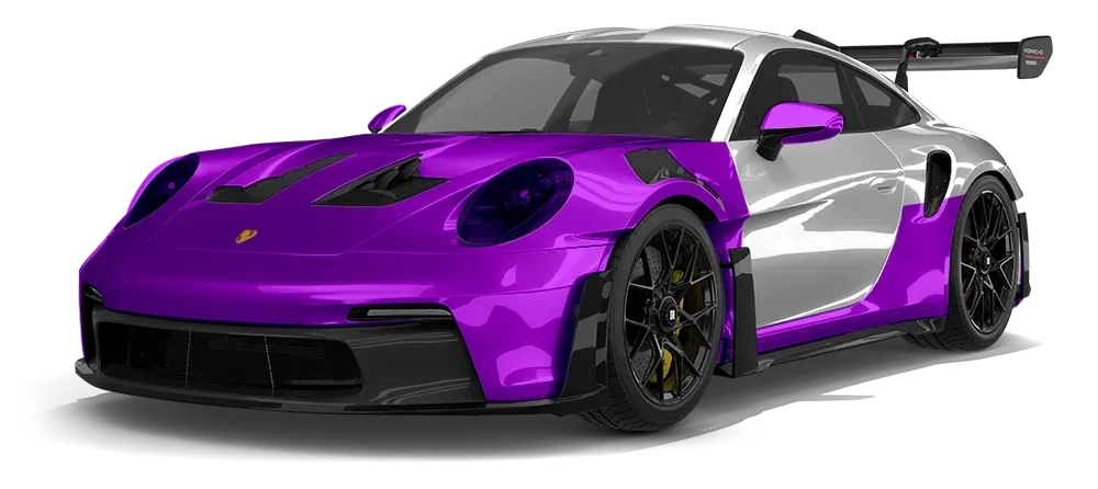 Purple and white sports car with a rear spoiler, shown on a white background