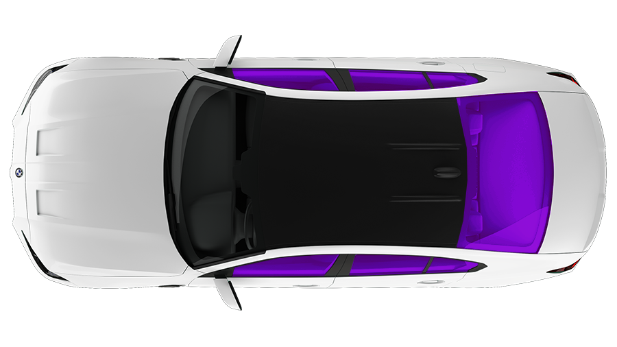 Top-down view of a white sports car with a black roof and purple interior accents
