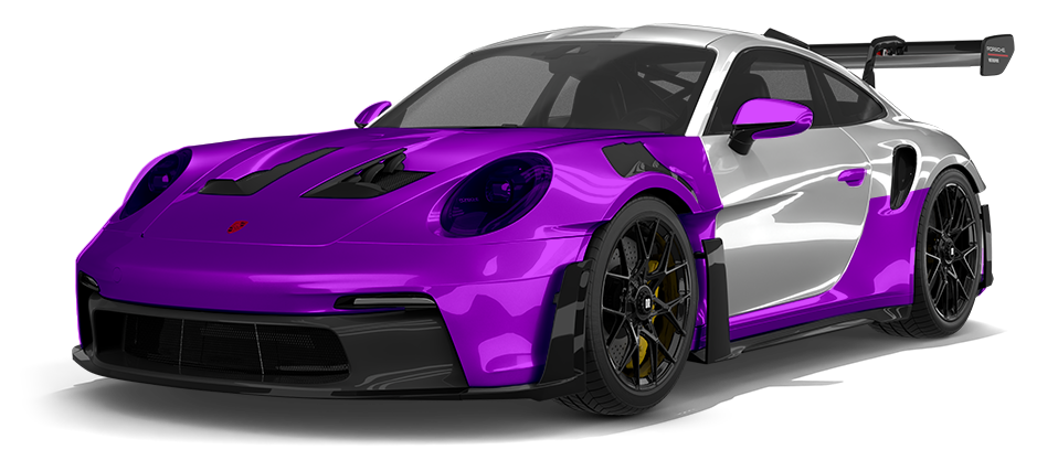 Purple and white sports car with black accents and a large rear spoiler on a white background