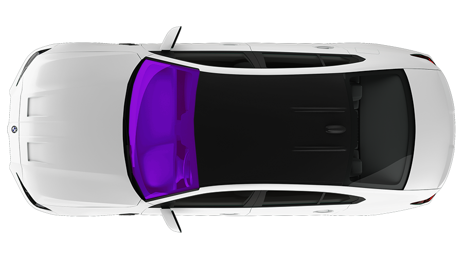 Top-down view of a white car with a purple-tinted windshield and black roof panel