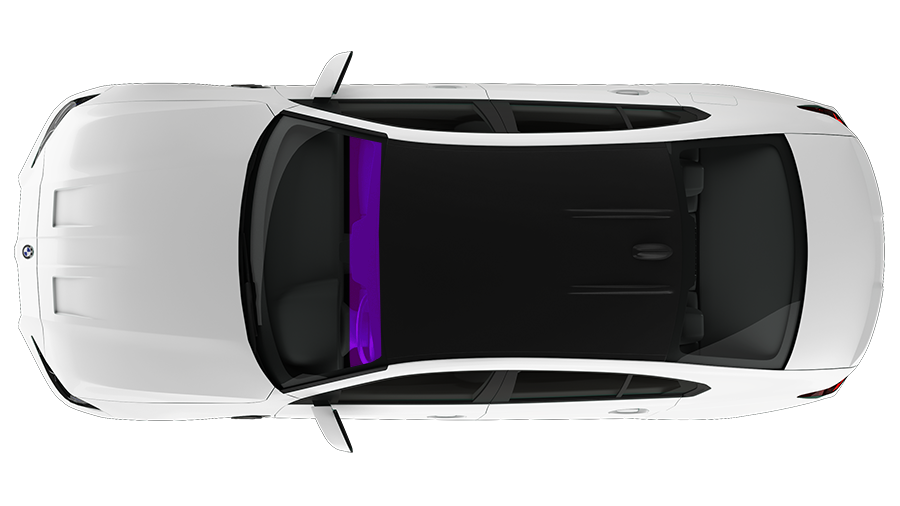 Top-down view of a white car with a purple sunroof panel on a black background